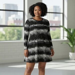 KENSIE Size L Black Gray Abstract Swing Dress Pleats On Back